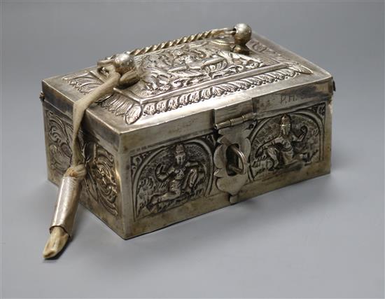 An Indian white metal rectangular box with hinged cover, 11.6cm.